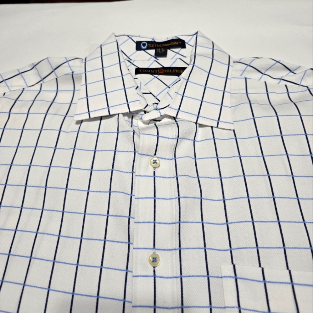 Tommy Hilfiger mens shirt navy and sky blue plaid stripes. Size 16.5 34 35